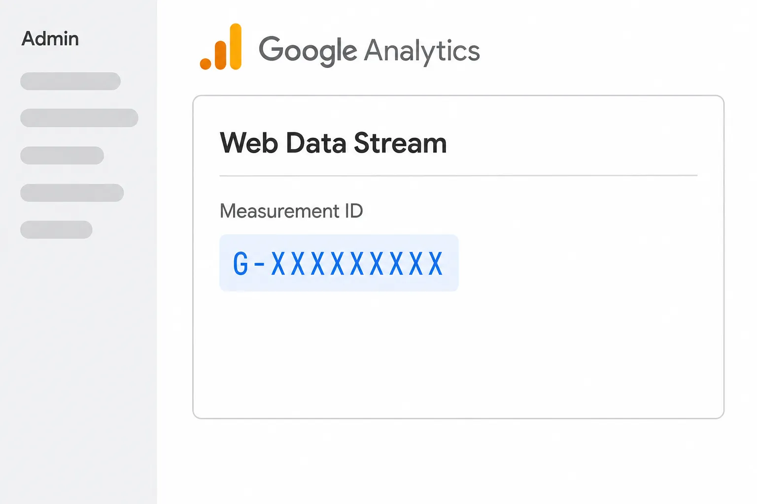 Illustration of the Google Analytics 4 interface showing where to find the Measurement ID (G-XXXXXXXXXX) in the web data stream details.