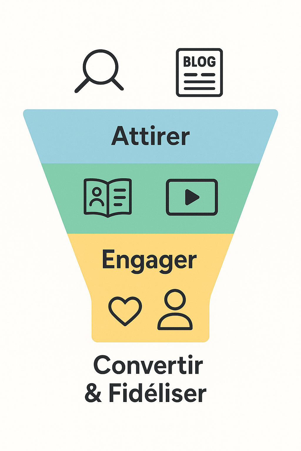 Entonnoir de l'inbound marketing montrant les 3 étapes : Attirer, Engager, et Convertir & Fidéliser, alimentées par le contenu.