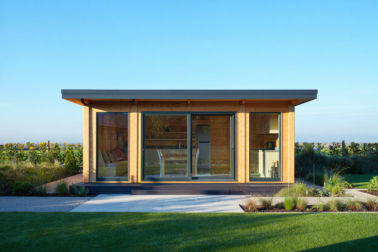 Chalet de jardin moderne en bois avec grandes baies vitrées, toit plat et terrasse, intégrant un extérieur verdoyant.