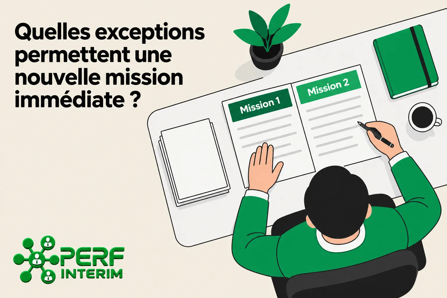 Un employé assis à un bureau en train de rédiger sur deux documents intitulés Mission 1 et Mission 2.