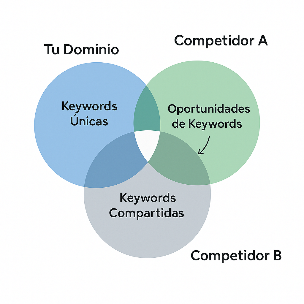 Gráfico de diagrama de Venn que ilustra el análisis de brecha de palabras clave en Semrush, mostrando las keywords compartidas, las únicas y las oportunidades frente a los competidores.