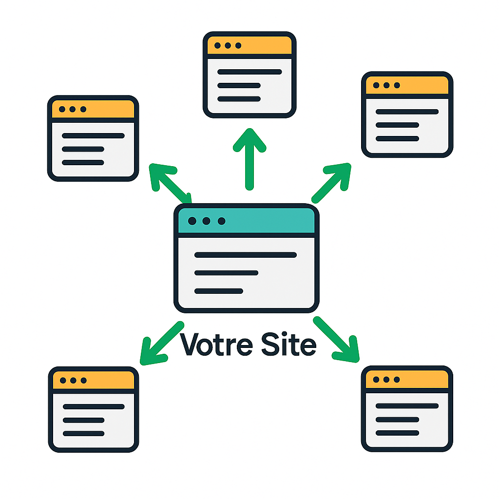 Illustration du concept de netlinking, montrant des liens entrants (backlinks) de qualité provenant de sites externes qui pointent vers un site principal pour renforcer son autorité.
