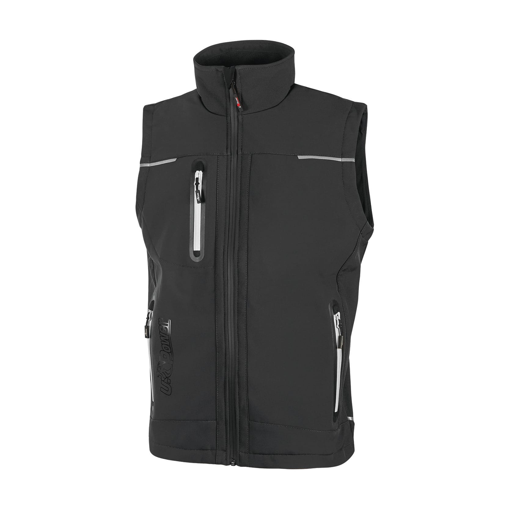 Gilet bodywarmer noir sans manches, fermeture zippée centrale et poches zippées visibles, style professionnel et fonctionnel.