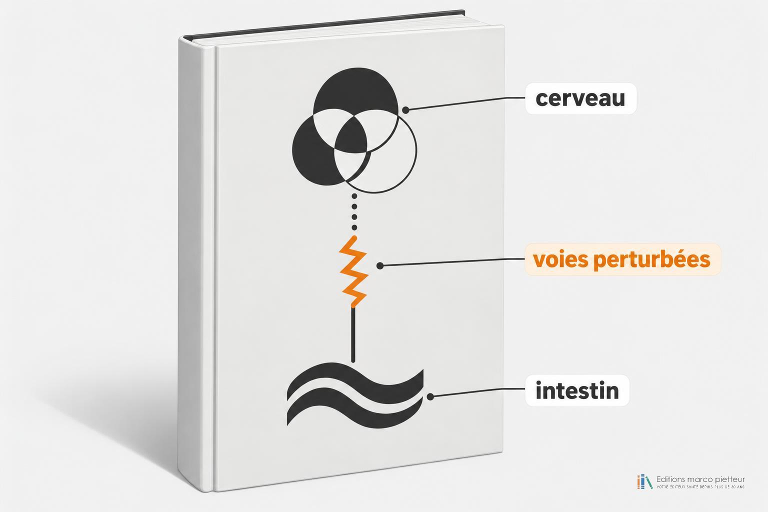Schéma représentant le cerveau, des voies perturbées et l'intestin reliés par une ligne