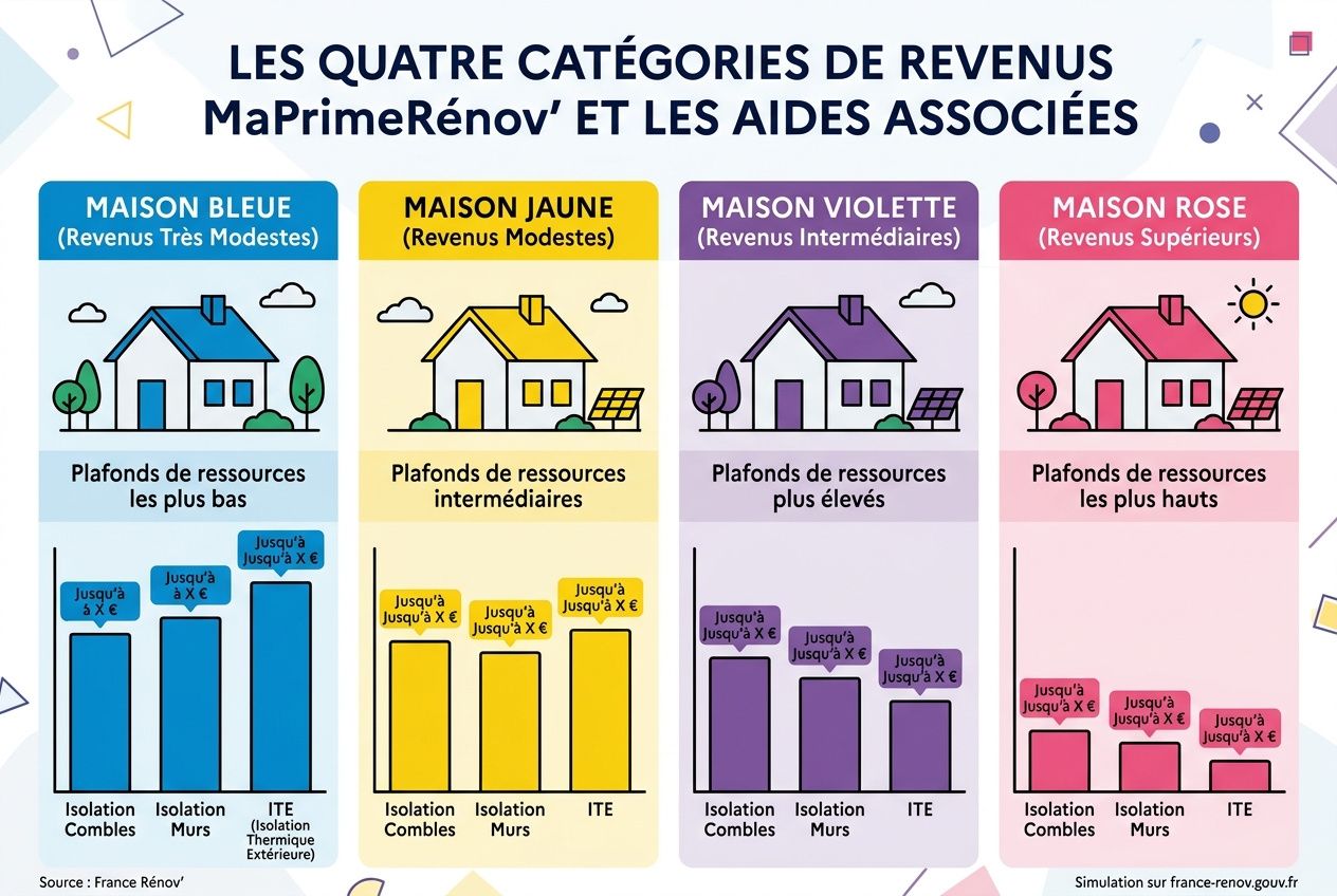 Diagramme présentant les quatre catégories de revenus MaPrimeRénov’ et leurs aides associées, avec maisons colorées et graphiques montrant les plafonds d’isolation et d’ITE selon chaque couleur. Isolation à 1 euro 2024 évoquée dans le contexte.