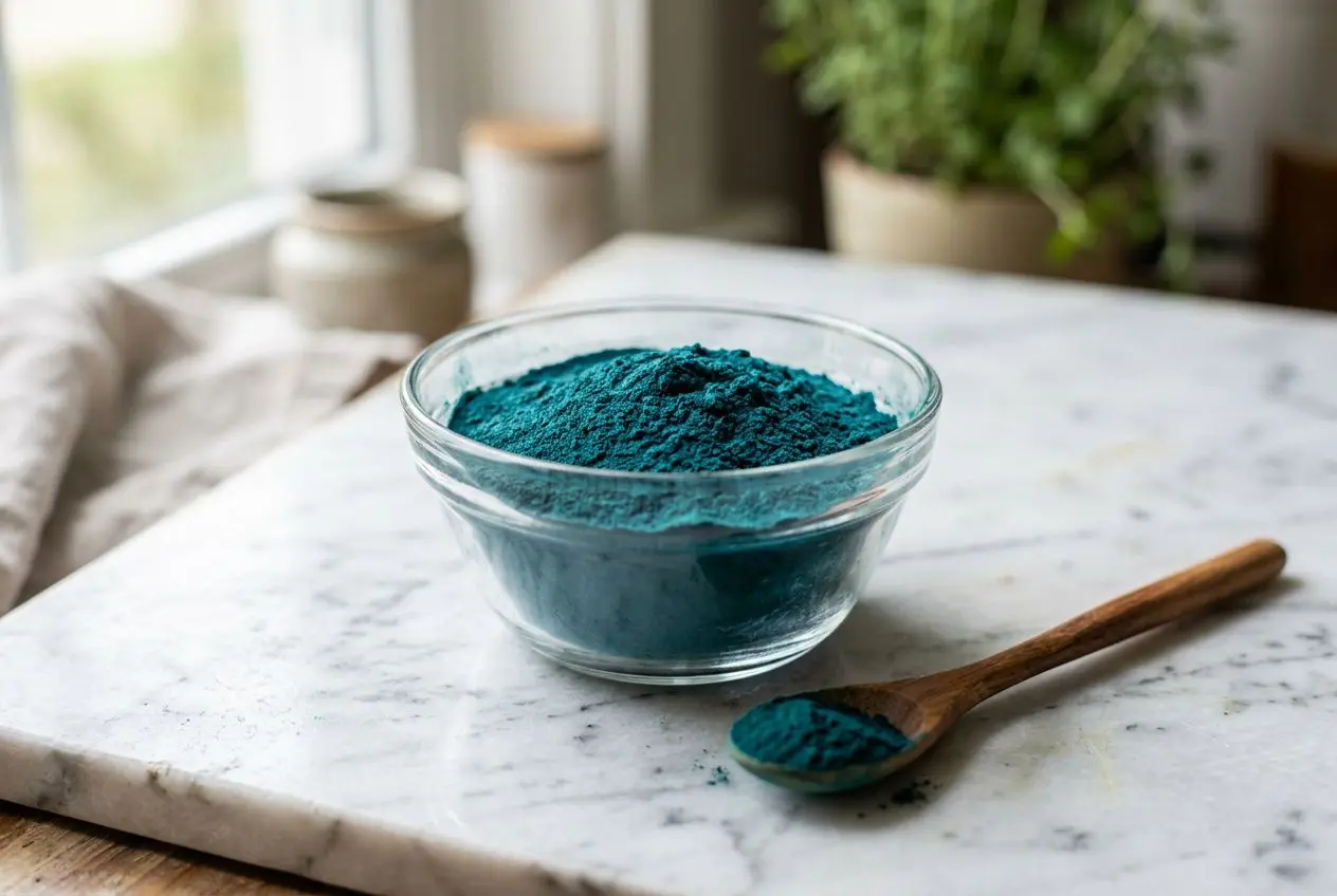 Poudre bleu-vert de phycocyanine pour la peau dans un bol en verre sur une planche blanche, flottant sur l’eau lumineuse et une cuillère en bois à côté.