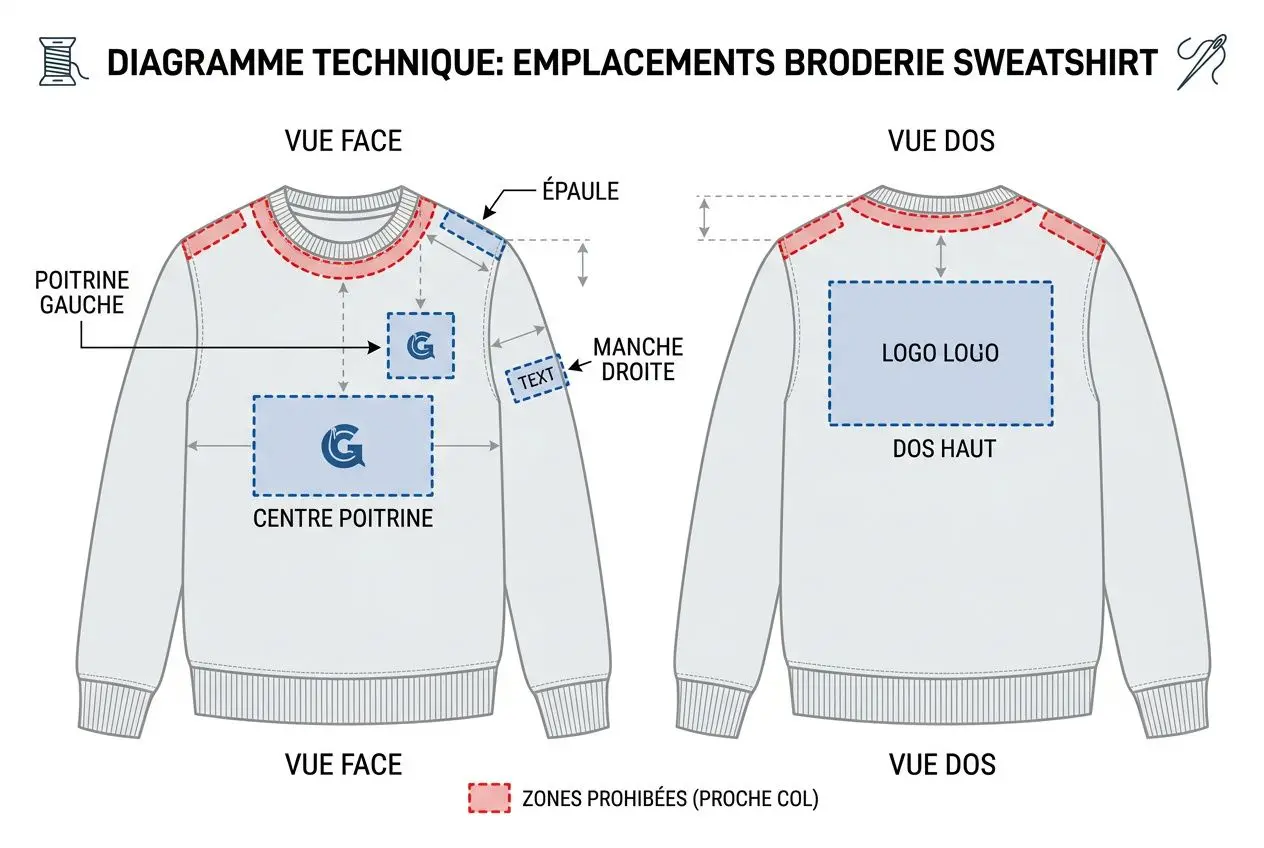 Diagramme technique : emplacements broderie sweatshirt montrant zones autorisées et interdites pour une broderie sweat personnalisé.