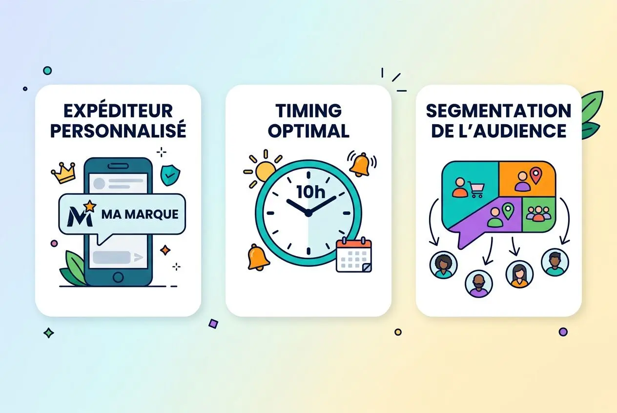 Illustration montrant trois modules: expéditeur personnalisé, timing optimal (horloge 10h), segmentation de l'audience. Taux d'ouverture des campagnes sms élevé.