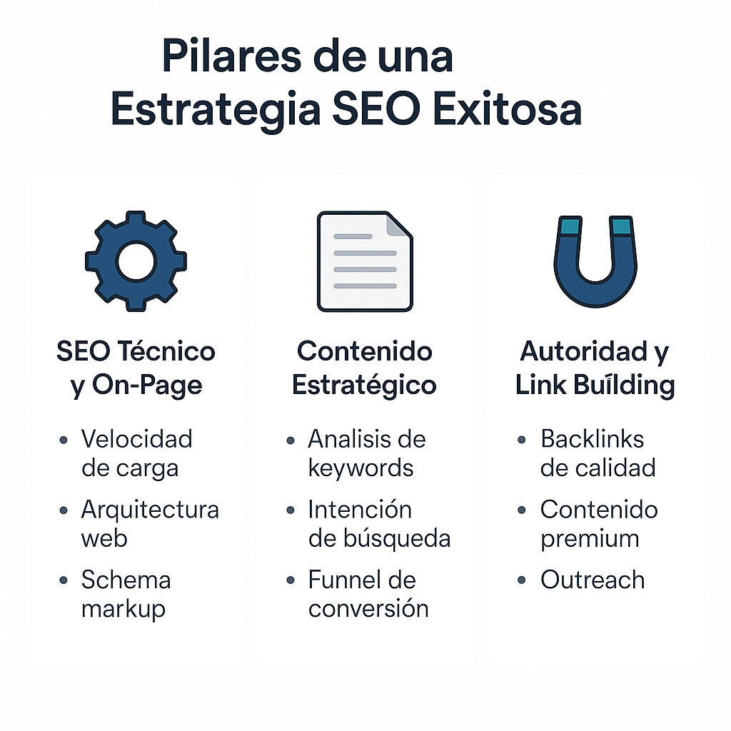 Infografía que resume los tres pilares de una estrategia SEO: SEO Técnico y On-page, Contenido Estratégico, y Autoridad con Link Building.