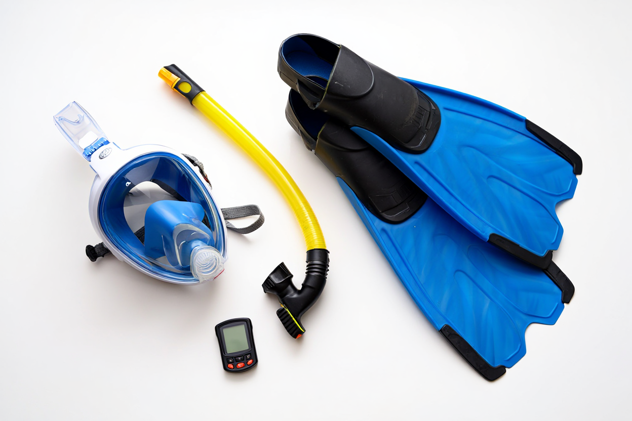 Attrezzatura completa per lo snorkeling con maschera boccaglio e pinne