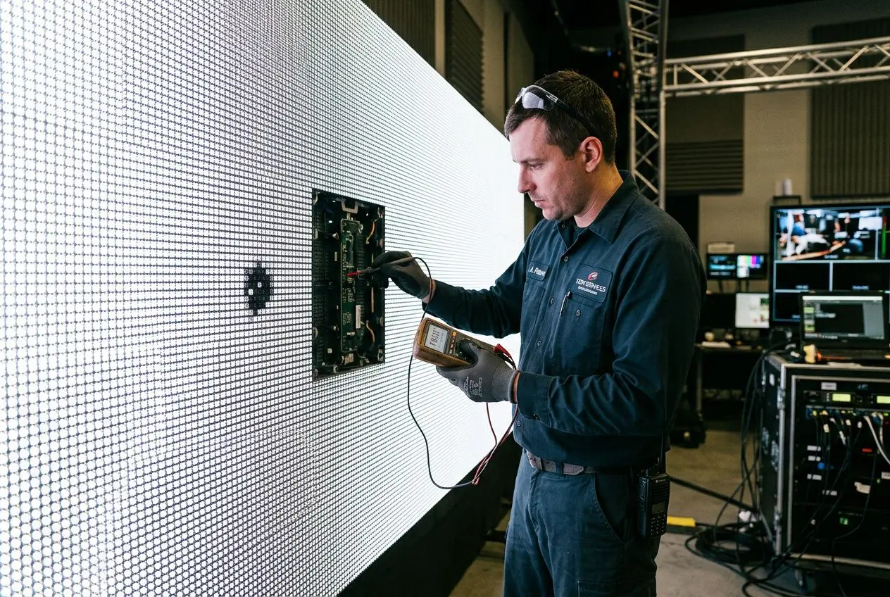 Technicien vérifiant un mur d’images LED, outil de dépannage en main, affichage prêt à être calibré. Problèmes courants des murs d'images led présents.