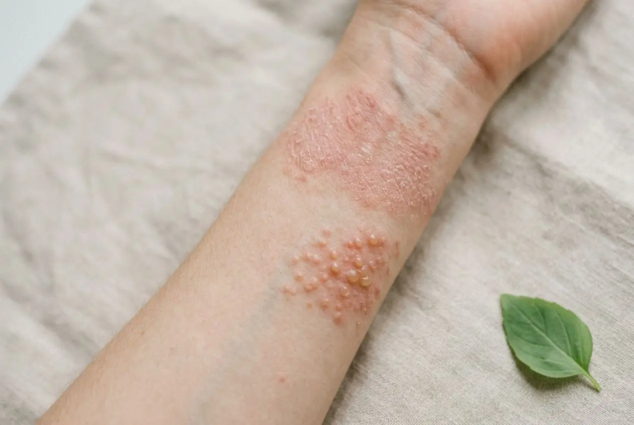 Éruption cutanée et plaques sèches sur le poignet, avec texture légèrement squameuse et boutonnettes; petite feuille verte à côté.