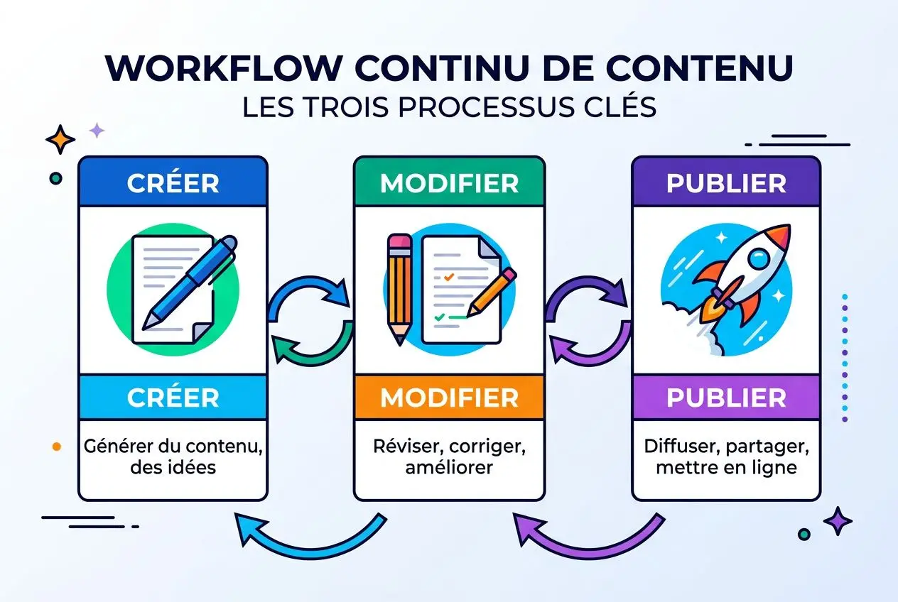 Workflow continú de contenu: illustration montrant les trois processus clés, créer, modifier, publier, avec des icônes et flèches circulaires. Qu'est-ce que le cms umbraco intégré?
