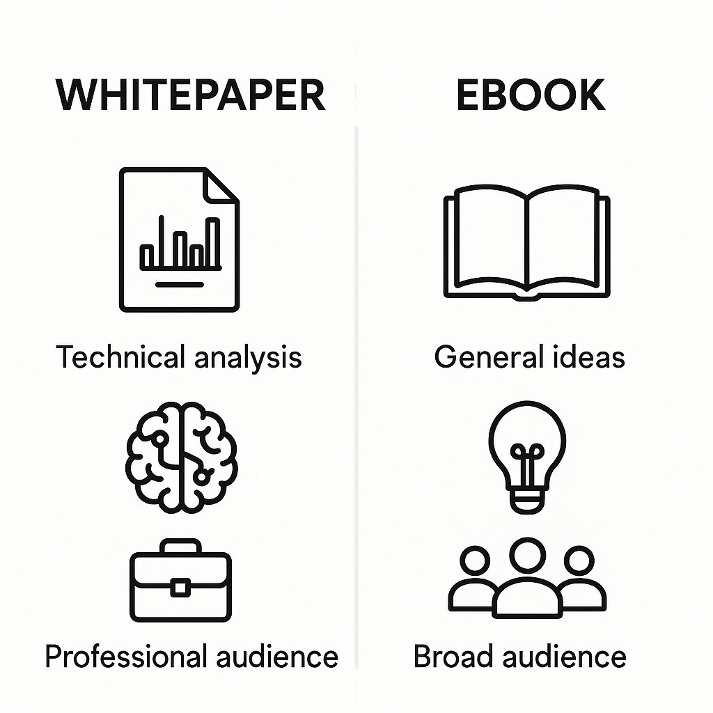 Diagrama que compara las características de un whitepaper (técnico, basado en datos, para profesionales) y un ebook (narrativo, general, para una audiencia amplia).