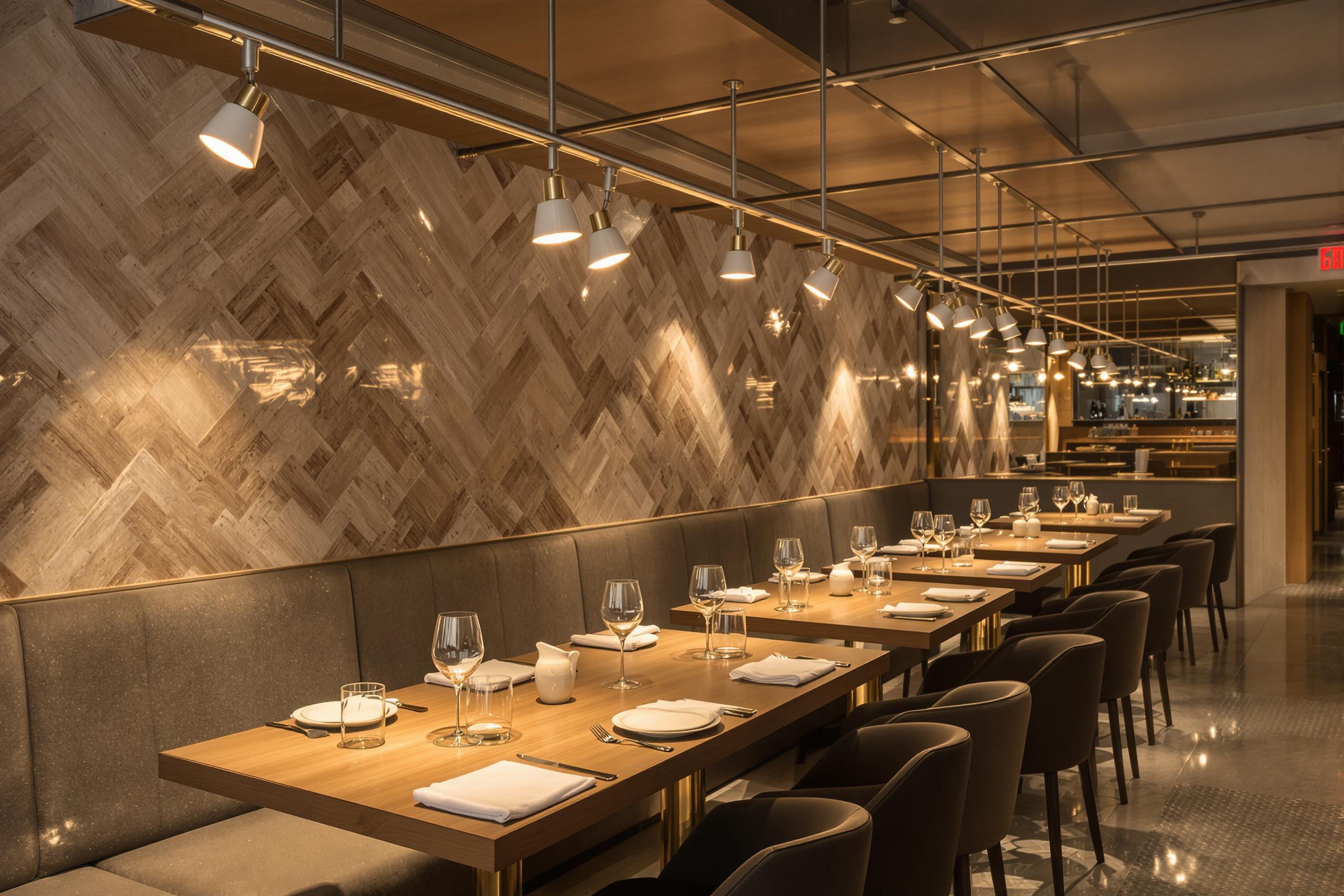Spots suspendus sur rail dans un restaurant