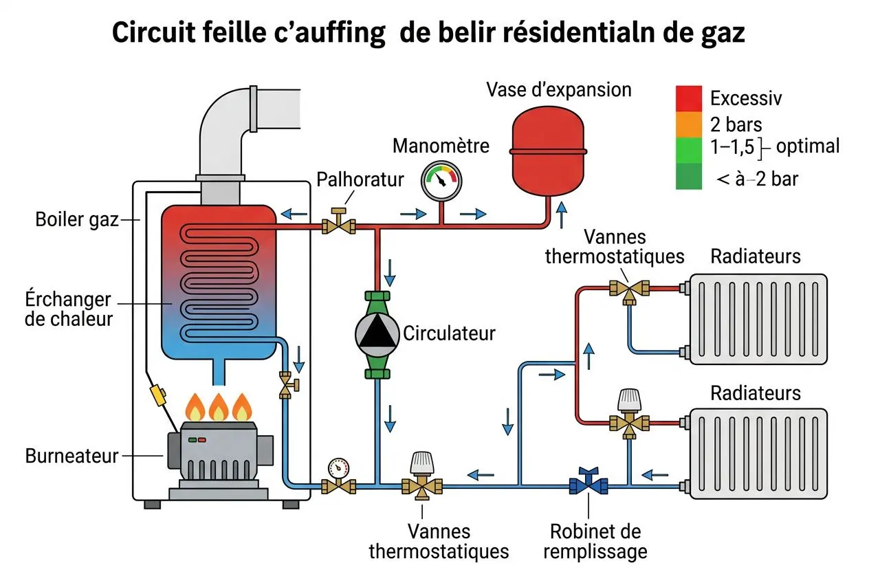 Circuitfeuillecauffing belir résidentiel de gaz : dispositif avec brûleur, échangeur et radiateurs, indiquant vannes et circulateur. alt text: "Schéma technique d'installation chaudière gaz avec brûleur, échangeur, radiateurs et vase d'expansion, montrant les vannes, manomètre et robinet de remplissage."