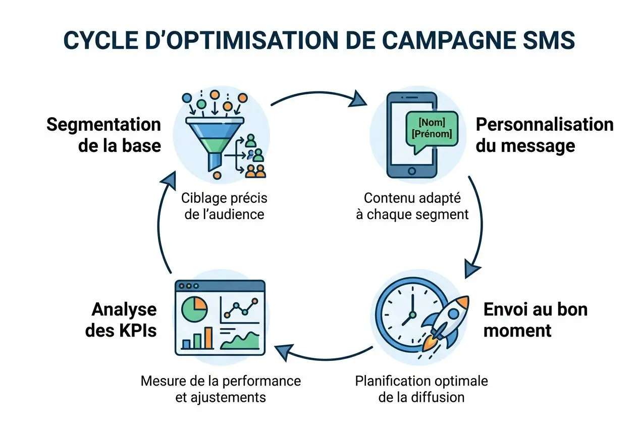 Cycle d’optimisation de campagne SMS illustré: segmentation, personnalisation, envoi, planification, analyse KPI, avec icônes et flèches. Bonnes pratiques sms marketing à suivre.