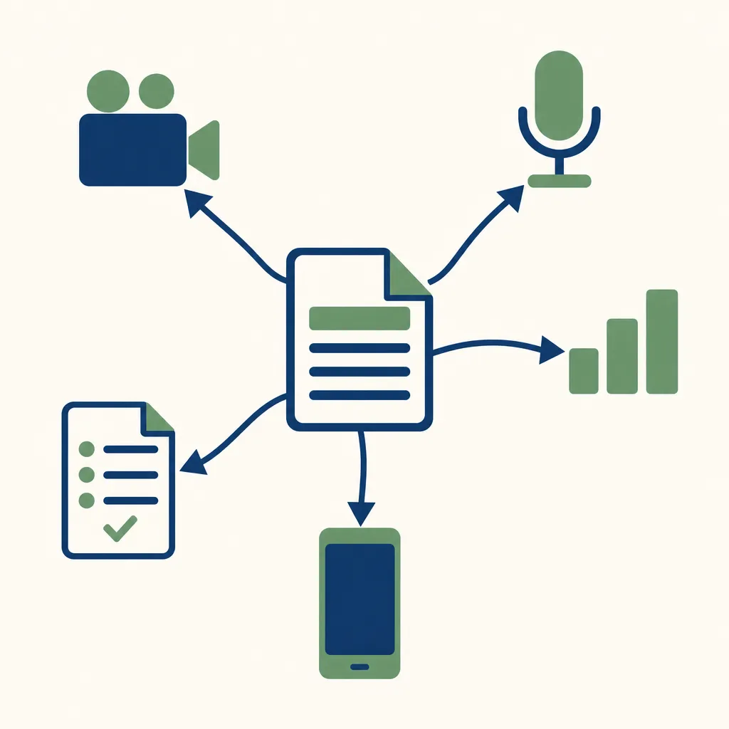 Schéma de recyclage : un contenu pilier central décliné en vidéo, podcast, infographie, publication mobile et checklist.