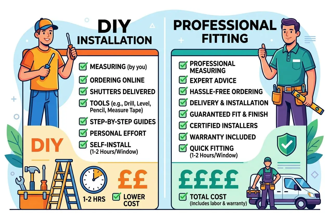 DIY installation vs professional fitting for full height shutters, showing steps, tools and a fitting guide. Full height shutter installation concept featuring two panels: left DIY side with tools, timer, and cost hints; right professional fitting with certified installers and delivery.