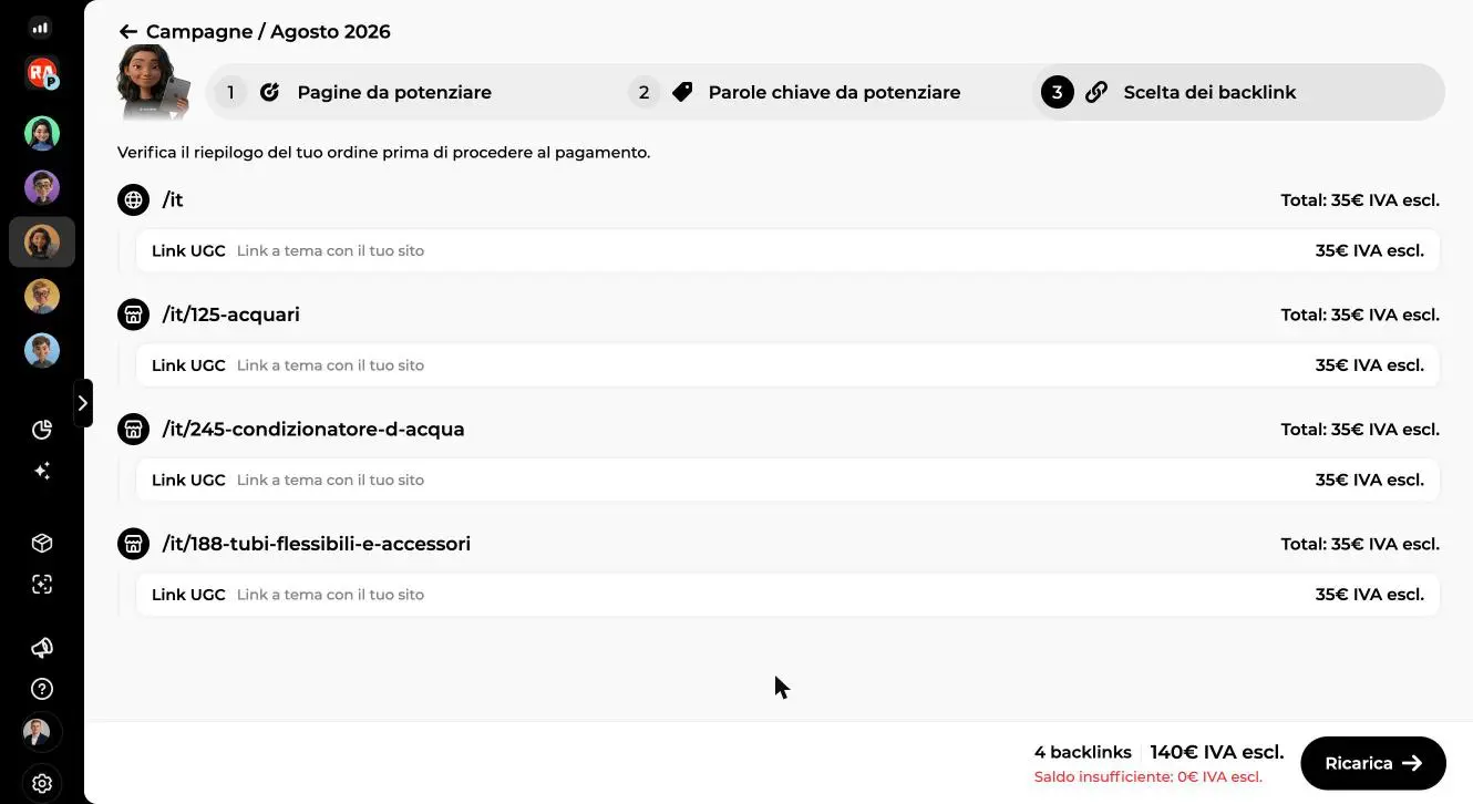 Riepilogo prima del pagamento: quattro Link UGC a 35 € per pagina di destinazione, totale 4 backlinks 140€ IVA escl. e pulsante Ricarica