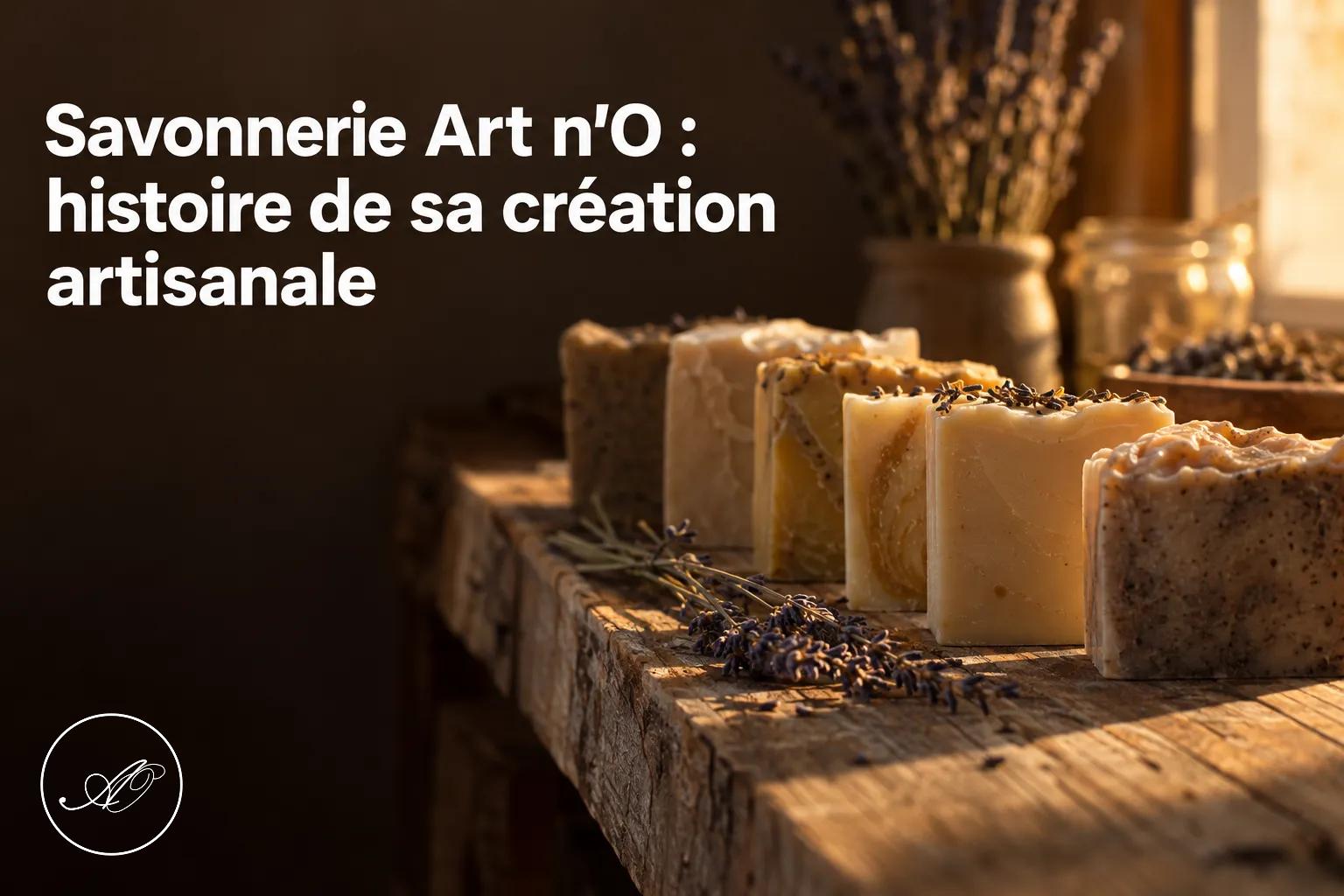 Savonnerie Art n’O avec des pains de savon posés sur une table en bois.