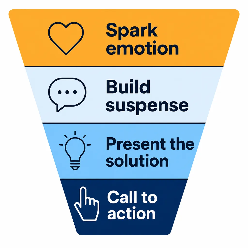 Funnel diagram of the four-step marketing storytelling structure: spark emotion, build suspense, present the solution, call to action.