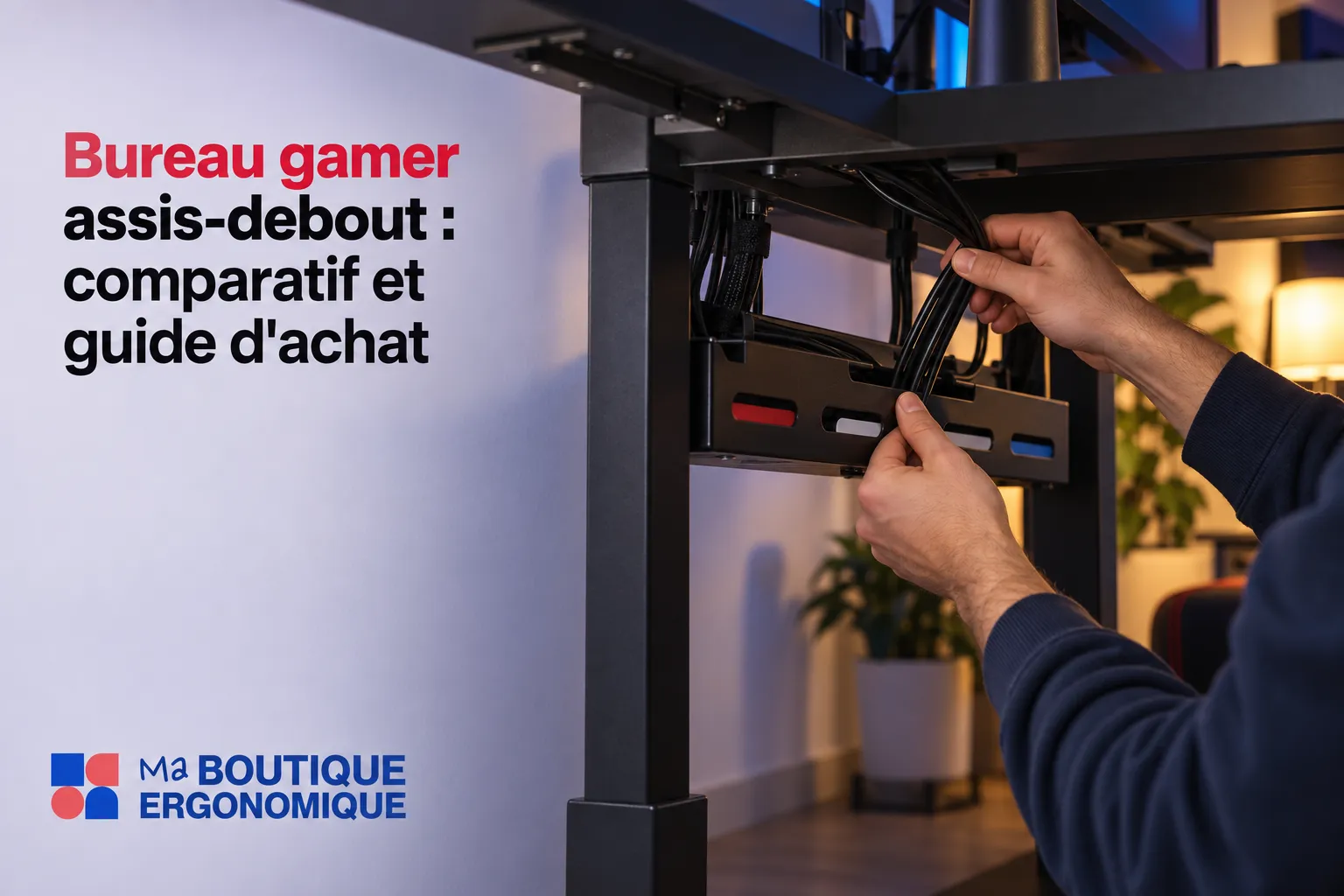 Personne ajuste des câbles sous un bureau gamer assis-debout.