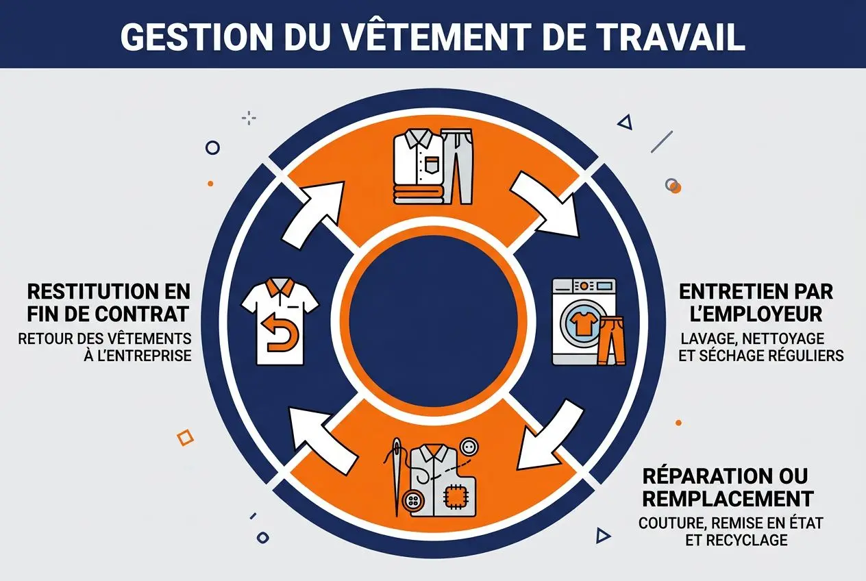 Diagramme circulaire sur la gestion du vêtement de travail: entretien par l'employeur, réparation/remplacement, restitution en fin de contrat, avec images de tenues et matériel de travail. Tenue de travail fournie par l'employeur.