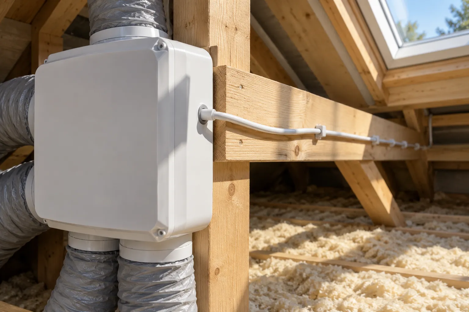 Raccord électrique d’un caisson VMC fixé sur une montant en bois dans une charpente, avec câblage passé dans une goulotte.