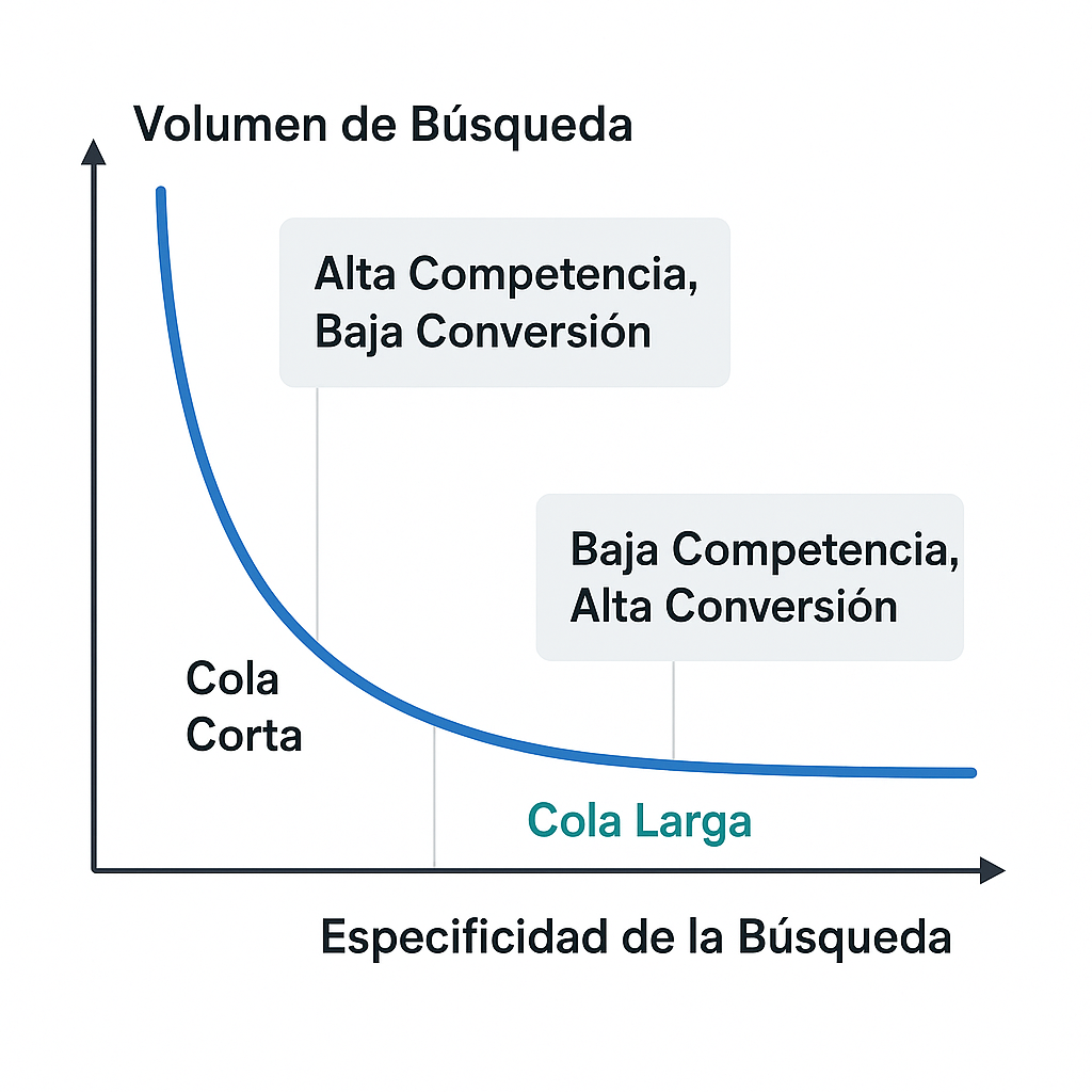 Gráfico de la larga cola en SEO que muestra cómo las palabras clave de cola corta tienen alto volumen y baja conversión, mientras que las de cola larga tienen bajo volumen pero alta especificidad y conversión.