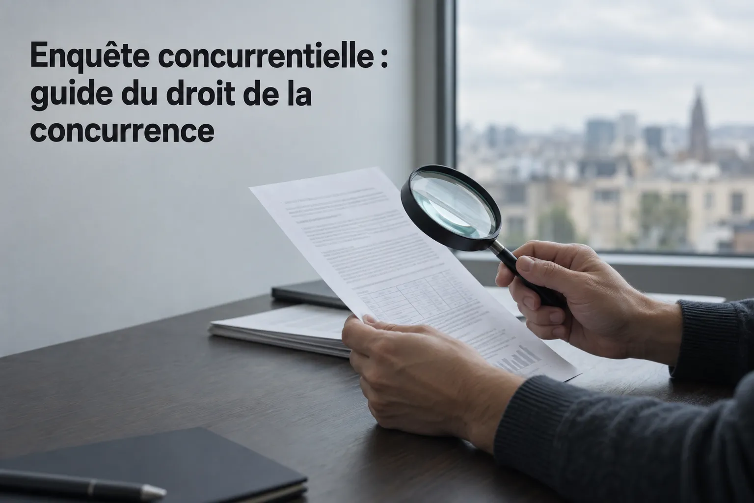 Personne examinant un document avec une loupe devant une fenêtre.