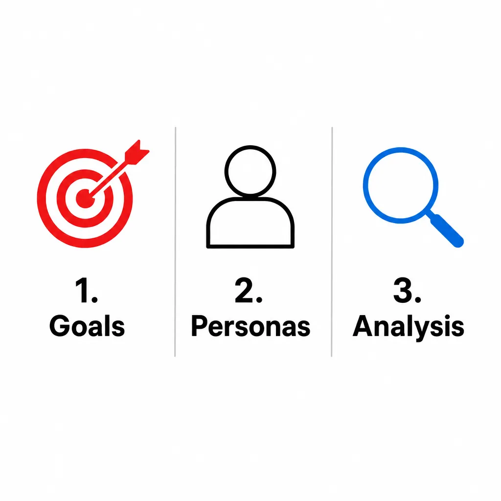 Infographic of the 3 pillars of an editorial plan: Goals, Personas and Competitor analysis.