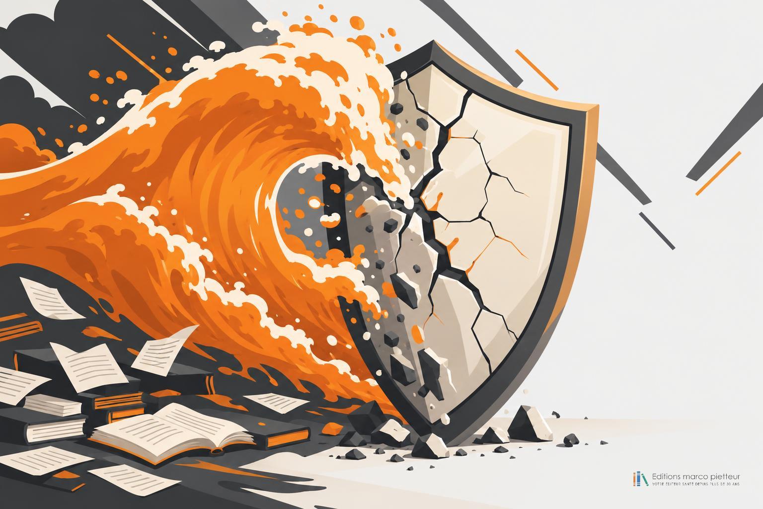 Vague orange déferlant contre un bouclier fissuré