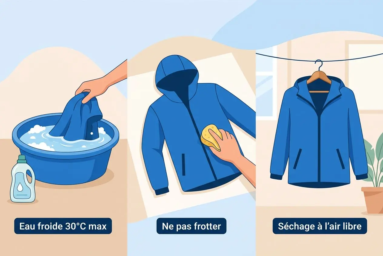 Comment laver un manteau imperméable : démonstration étape par étape avec lavage à 30°C, rinçage et séchage à l’air libre pour préserver l’imperméabilité.