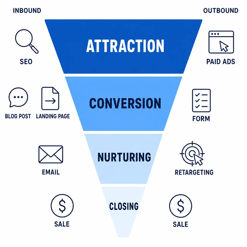 Marketing conversion funnel showing how to combine inbound and outbound tactics at each stage of the customer journey to qualify leads.