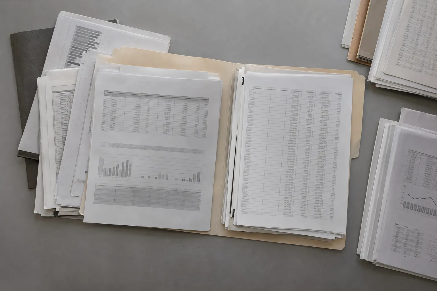 Collection de documents et tableaux financiers imprimés, pages froissées et dossiers ouverts sur une table.
