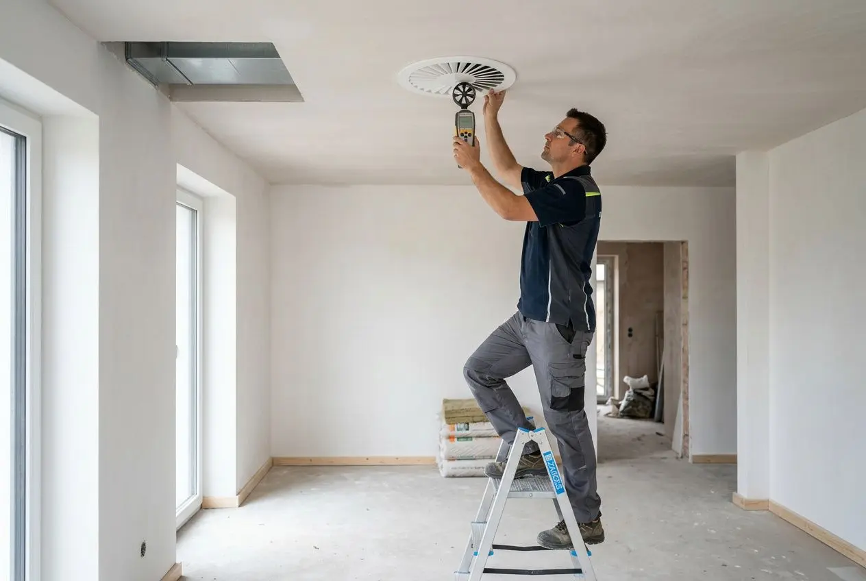 Installateur sur une échelle vérifiant un ventilateur VMC au plafond d’une pièce en construction. attestation conformité vmc nécessaire.