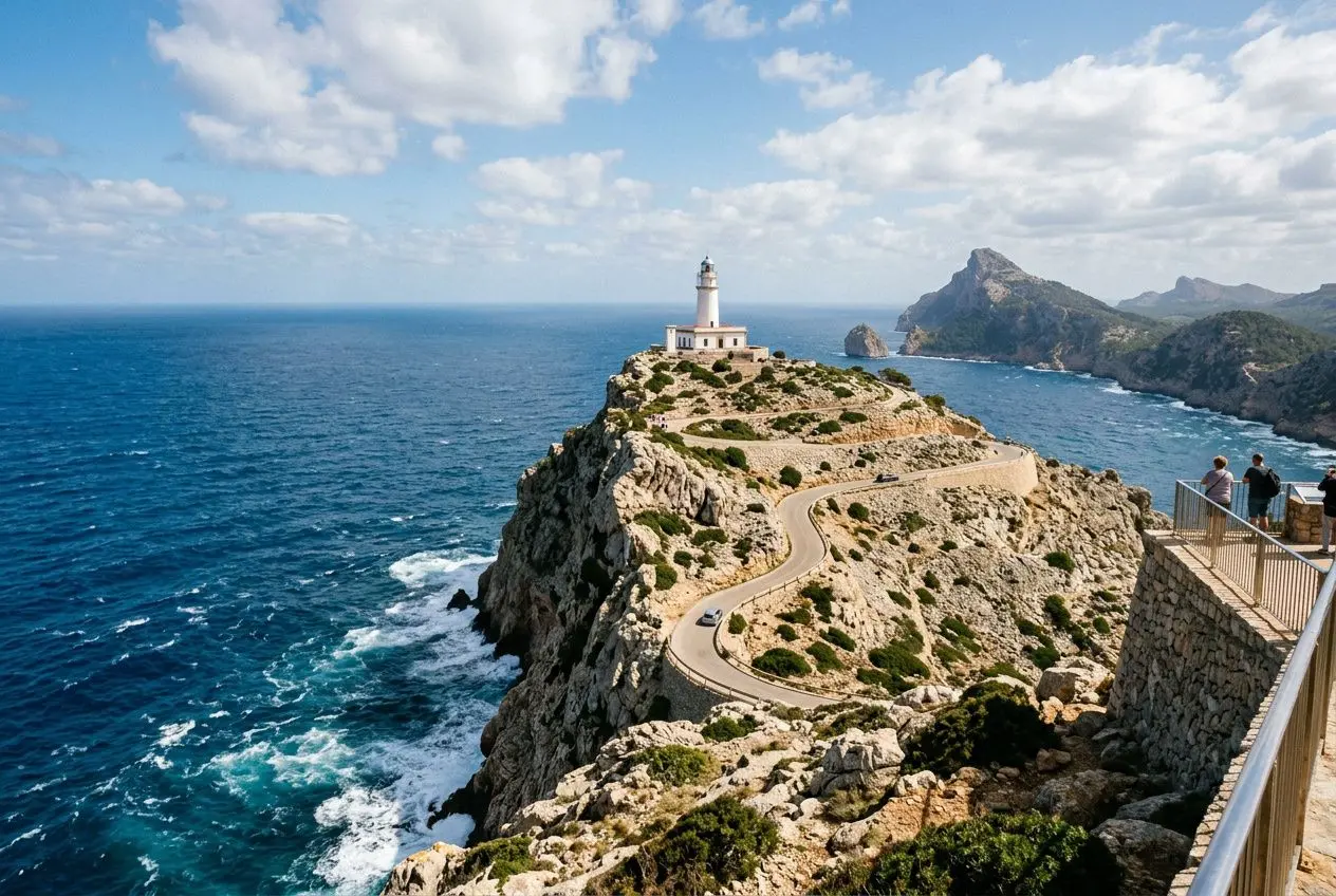 Phare du Cap de Formentor surplombant les falaises et la mer cristalline bleue