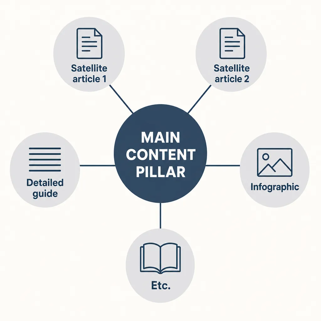 Diagram of a central content pillar connected to several satellite pieces of content, illustrating the SEO topic cluster concept.
