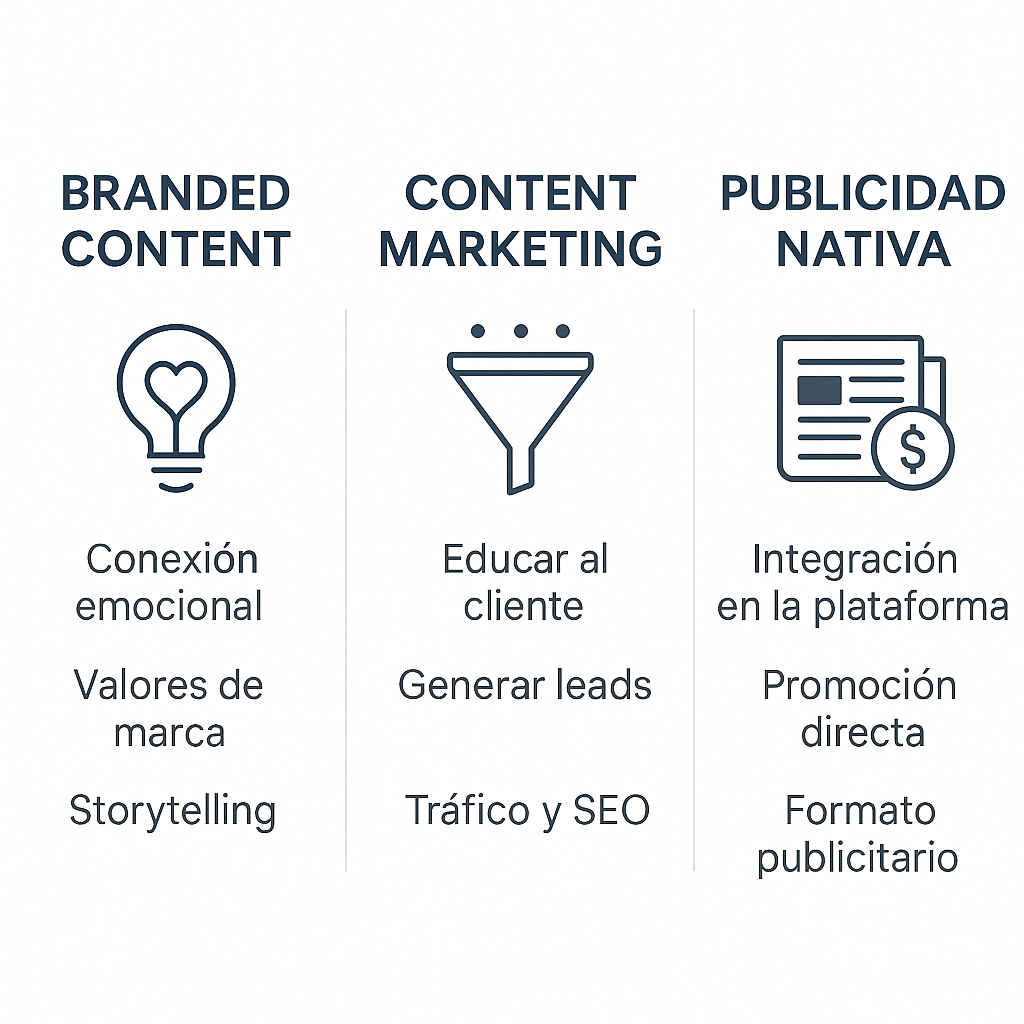 Esquema comparativo que diferencia el Branded Content (centrado en la emoción y valores), el Content Marketing (enfocado en educar y generar leads) y la Publicidad Nativa (integrada como promoción directa en una plataforma).