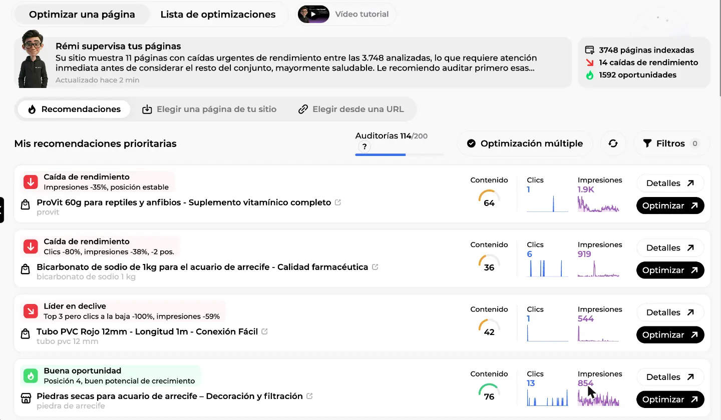 Pantalla Optimizar una página de Sedestral: páginas recomendadas con etiquetas, puntuación de contenido, clics e impresiones
