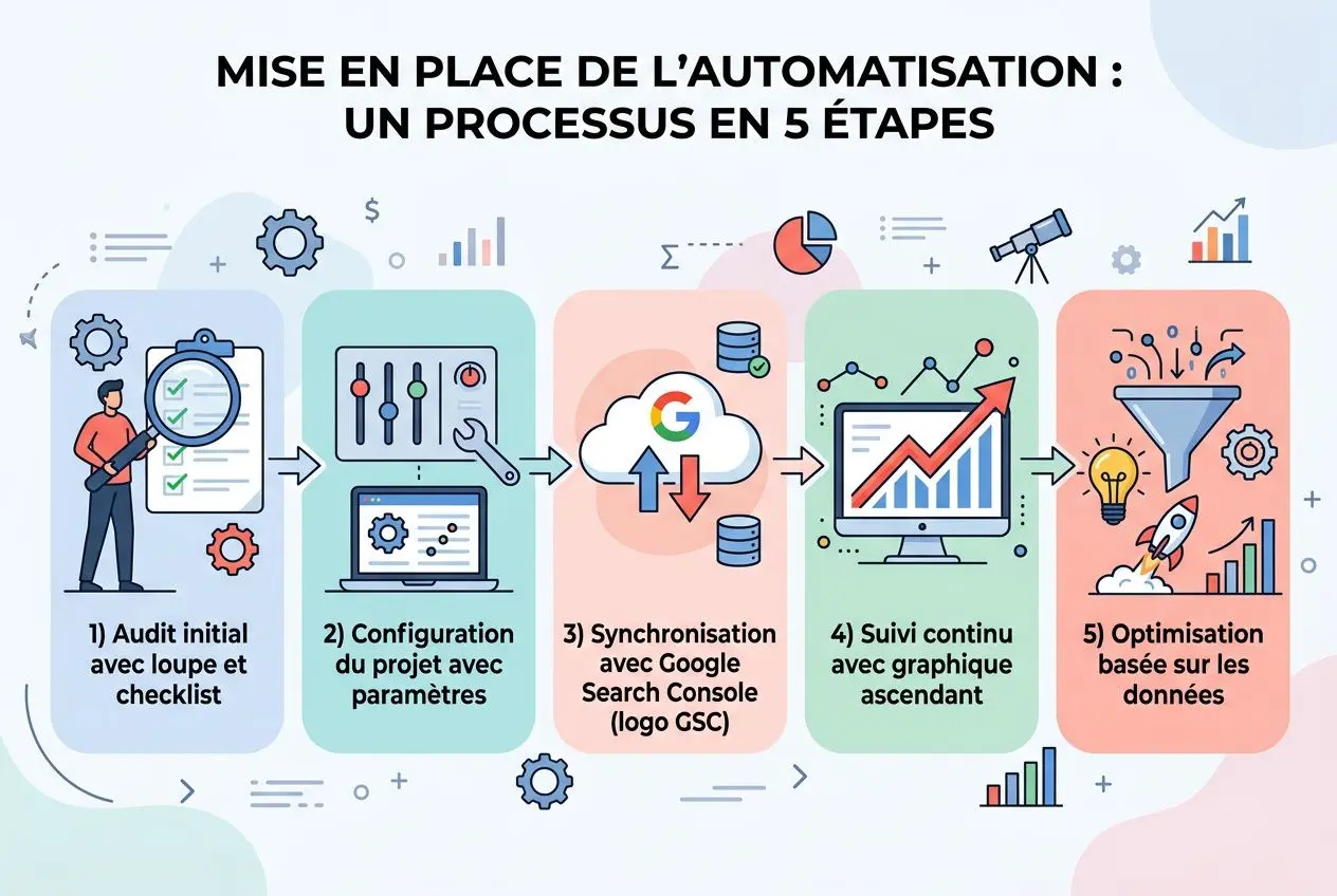 Mise en place de l’automatisation : un processus en 5 étapes montrant audit, configuration, synchronisation SEO, suivi graphique et optimisation des données pour automatiser le suivi positions seo.