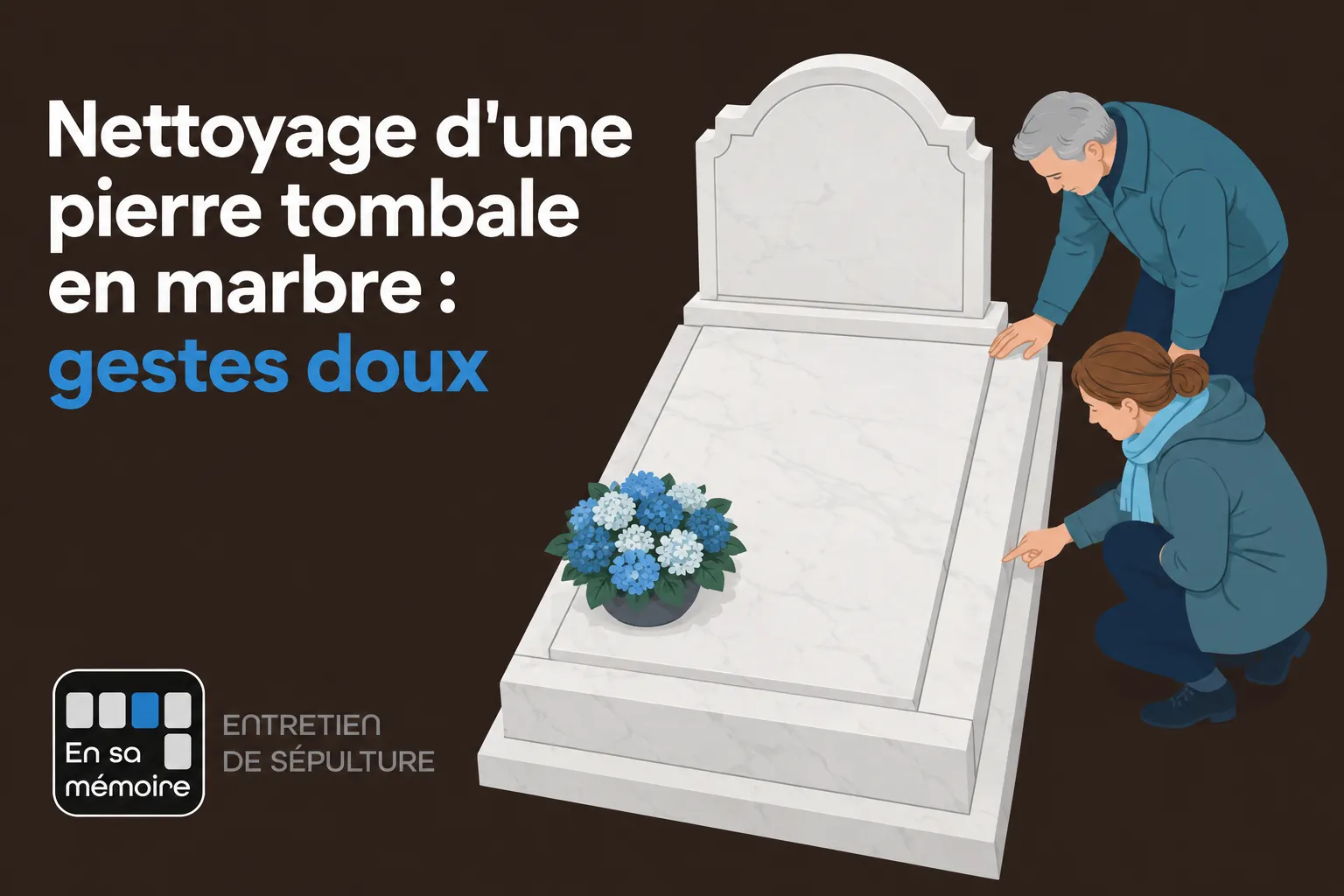Deux personnes examinent une pierre tombale en marbre ornée d’un bouquet de fleurs bleues et blanches.