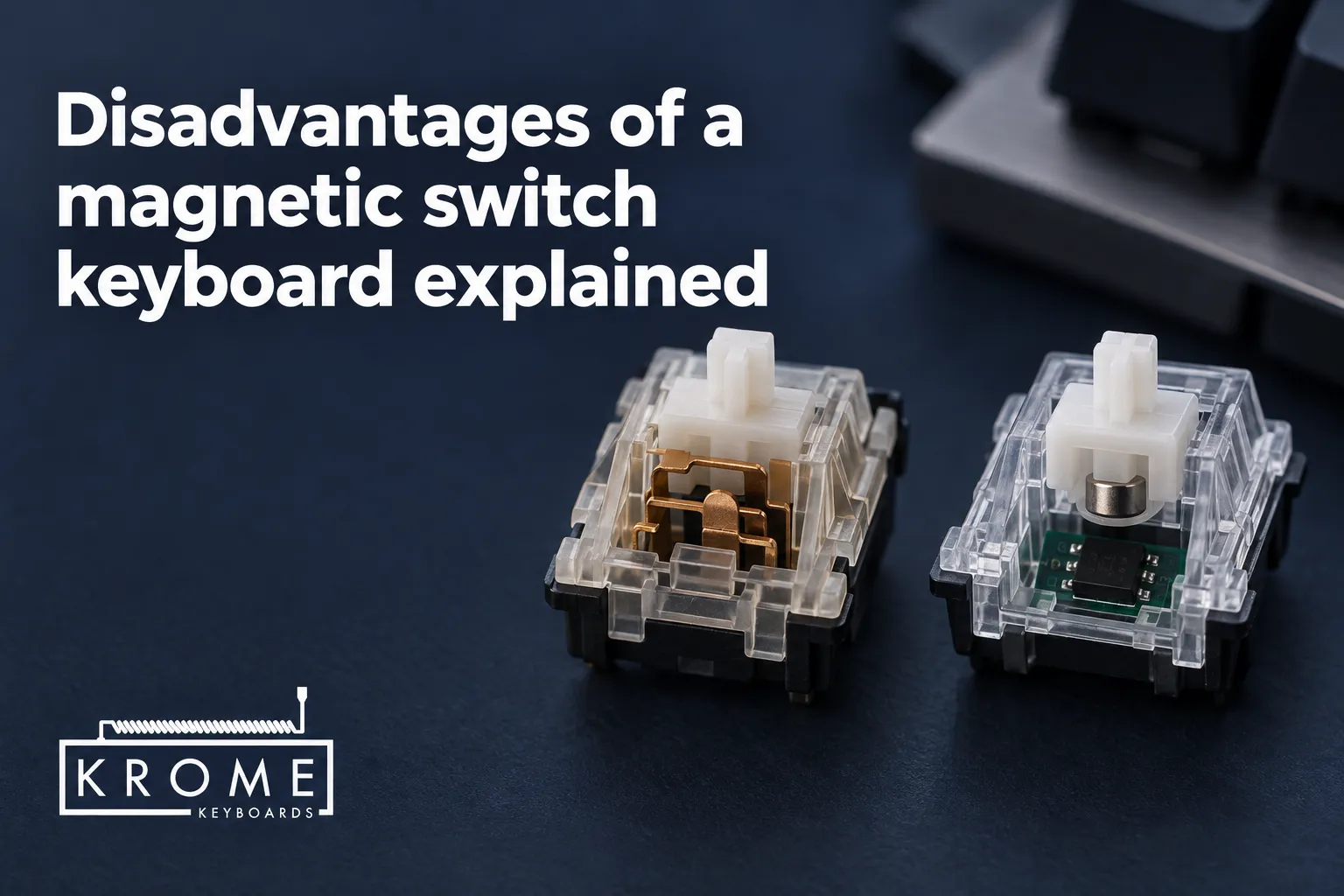 Disadvantages of a magnetic switch keyboard explained: two transparent mechanical switches on a dark surface, with KROME Keyboards logo in the corner.