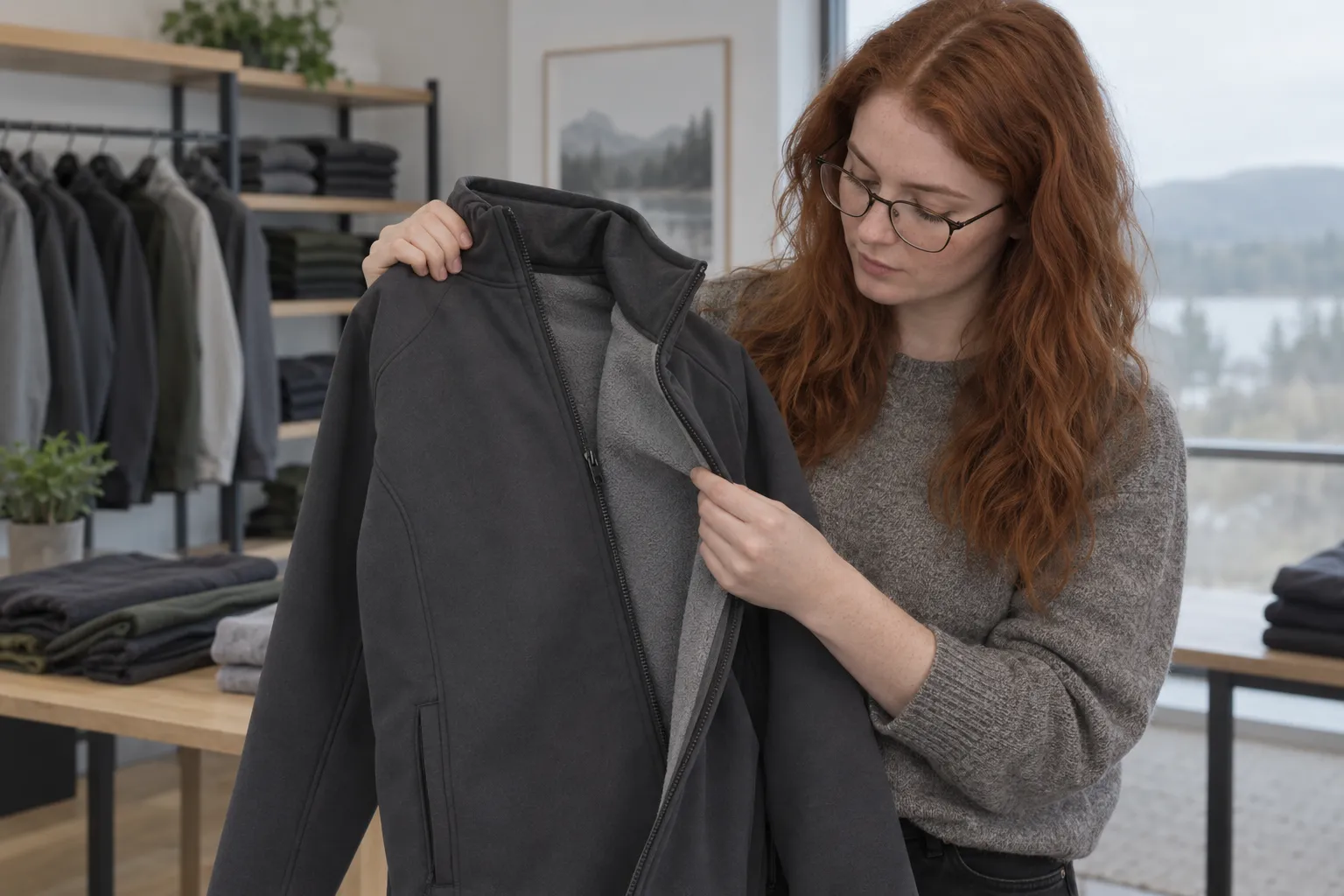 Une femme tient une veste sombre ouverte sur l’intérieur doux et doublement pelucheux.