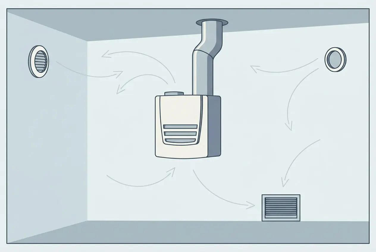 VMC décentralisée murale avec fuite d’air et conduits dans une pièce, ventilation et flux d’air indiqués par flèches. rt 2020 vmc double flux obligatoire est évoqué.