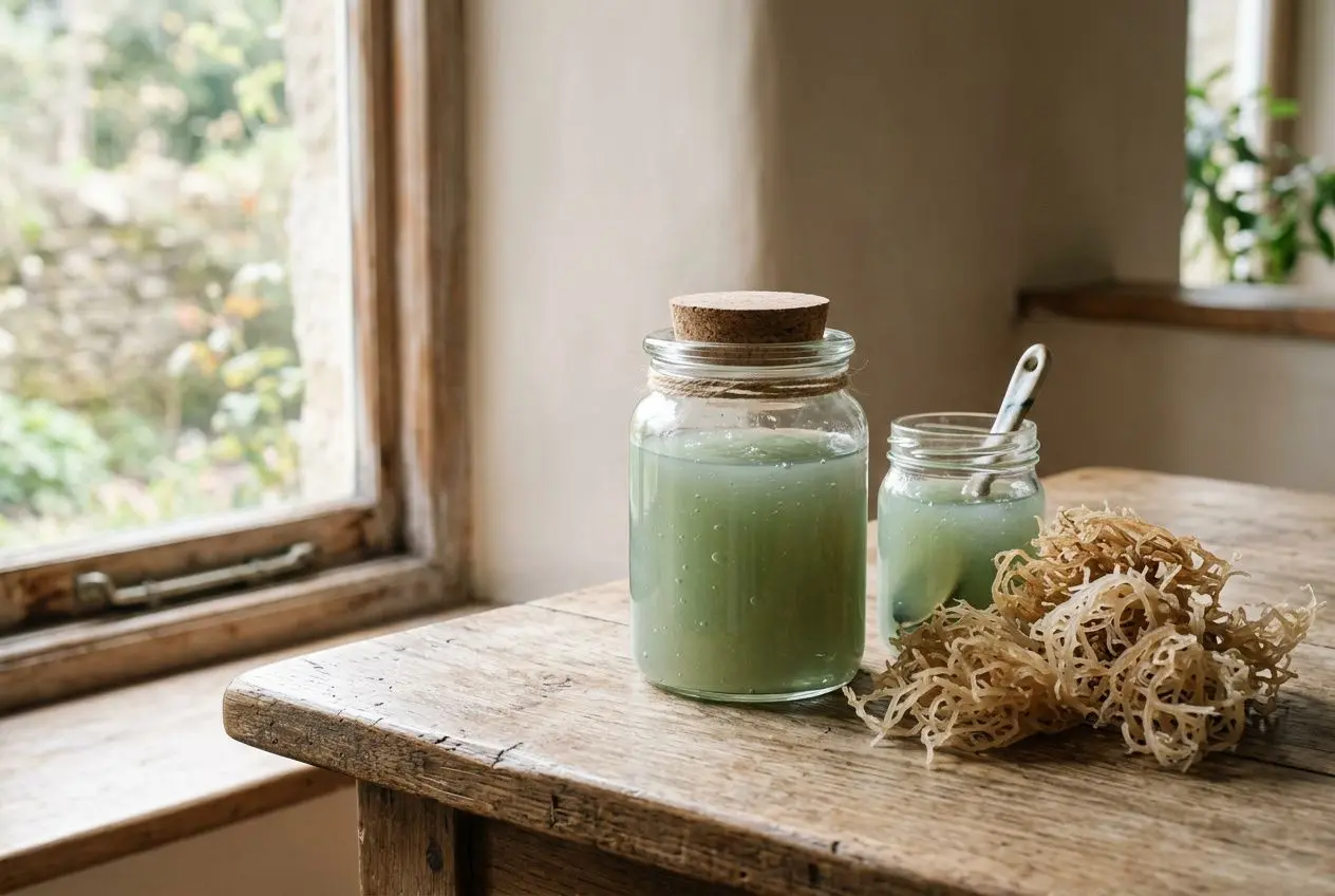 Glasbehälter mit grünem Seemoos-Gel neben einem kleineren Glas, Naturfaser an der Seite, Holzfenster im Hintergrund. sea moss nebenwirkungen integriert? Must include keyword naturally. Provide alt text including keyword. Let's craft: "Glas mit Sea moss nebenwirkungen? Grünes Seemoos-Gel in Einmachgläsern auf holertisch, daneben Trockenalgen." But must be German; keyword exact: "sea moss nebenwirkungen" is English phrase; user asks to integrate natural. Provide alt text: "Gläser mit Sea moss nebenwirkungen : grünes Seemoos-Gel auf einem Holztisch, daneben getrocknete Algenstücke." Ensure grammar: better German: "Gläser mit Sea moss : grünes Seemoos-Gel auf einem Holztisch, daneben getrocknete Algenstücke; Fenster im Hintergrund." Include keyword as is. Do not add accents. Let's output. Length under 125 chars. Count: "Gläser mit Sea moss : grünes Seemoos-Gel auf einem Holztisch, daneben getrocknete Algenstücke; Fenster im Hintergrund." That's long. Let's shorten: "Gläser mit Sea moss : grünes Seemoos-Gel auf einem Holztisch, daneben getrocknete Algenstücke, Fenster im Hintergrund." Okay. Include "sea moss nebenwirkungen" exact lowercase? It says integrate keyword; we can include as phrase. Use "Sea moss nebenwirkungen" or "sea moss nebenwirkungen" exact. We'll include lower-case variant: "Sea moss nebenwirkungen" but the image is alt text; we can place: "Gläser mit Sea moss nebenwirkungen : grünes Seemoos-Gel auf einem Holztisch, daneben getrocknete Algenstücke." That includes keyword. Let's output. Length ~120. Let's finalize.
