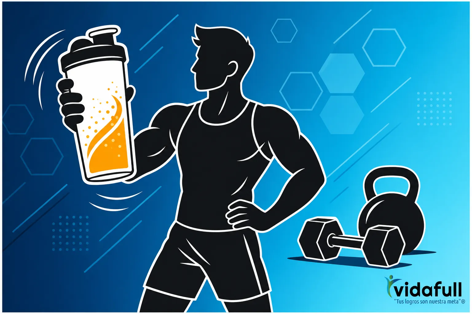 Figura de un atleta sosteniendo un shaker de proteína y una mancuerna al lado, azul y dinámico, con el logo de Vidafull. Cuánta proteína necesito diario.