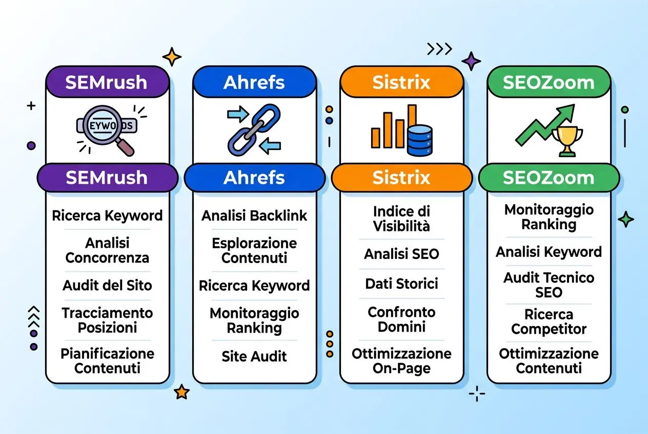 Infografica con quattro colonne di strumenti SEO: SEMrush, Ahrefs, Sistrix e SEODZoom, mostra attività come analisi keyword, backlink, ranking e ottimizzazione contenuti. Sottotitoli evidenziano funzioni principali.