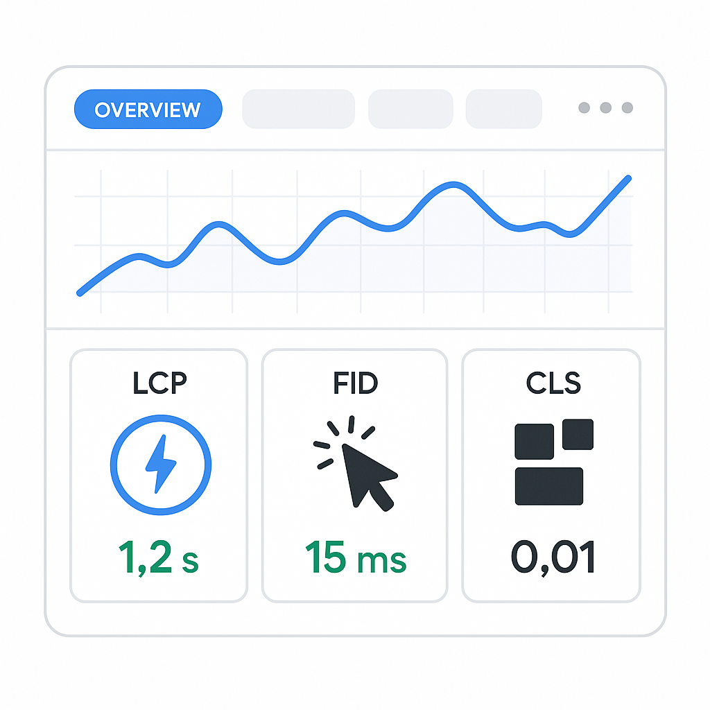 Gráfico de los Core Web Vitals que muestra los indicadores de rendimiento LCP, FID y CLS, métricas clave para la experiencia de usuario y el SEO.